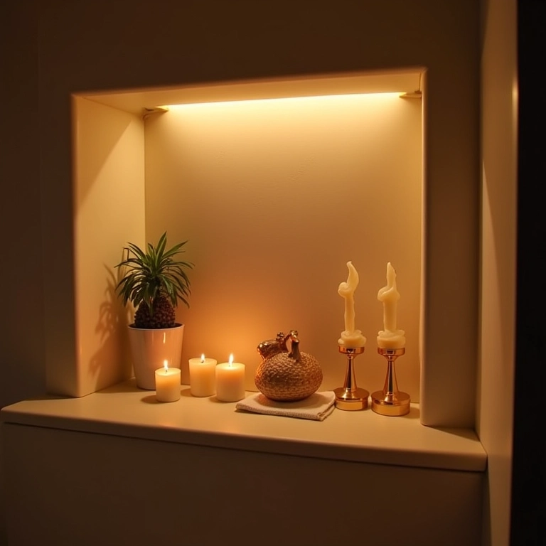 Nicho com iluminação LED no banheiro, criando um ambiente acolhedor.