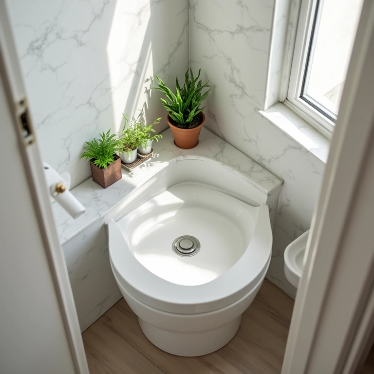 Nicho de canto no banheiro, otimizando o espaço com plantas e itens de higiene.