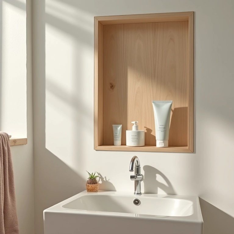 Nicho de sobrepor em madeira clara no banheiro, com produtos de skincare.