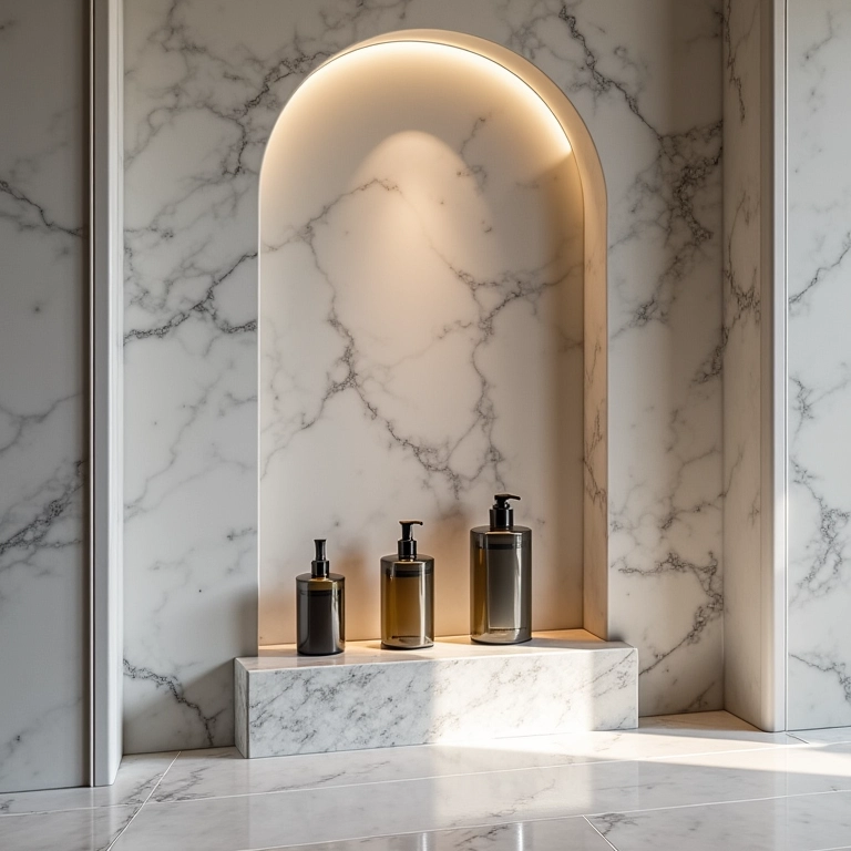 Nicho elegante de mármore e granito no banheiro, exibindo produtos de luxo.