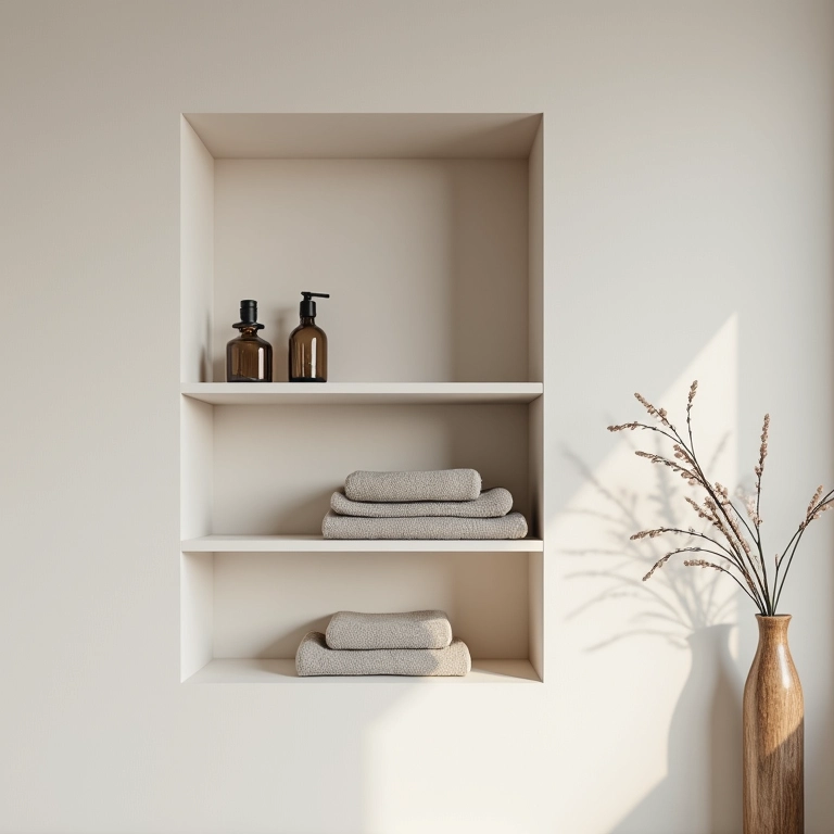 Nicho embutido na parede do banheiro, design minimalista e elegante.