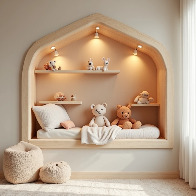 Nichos decorados com amigurumis de ovelha, urso e raposa.