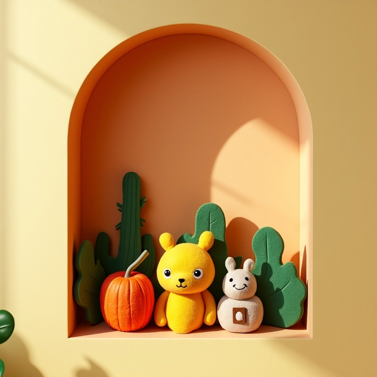 Nichos decorados com personagens em feltro para quarto de bebê.