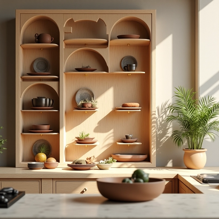 Nichos decorativos em MDF exibindo louças na cozinha.