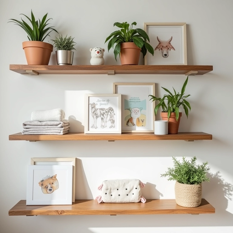 Nichos e prateleiras de madeira organizando itens de bebê.