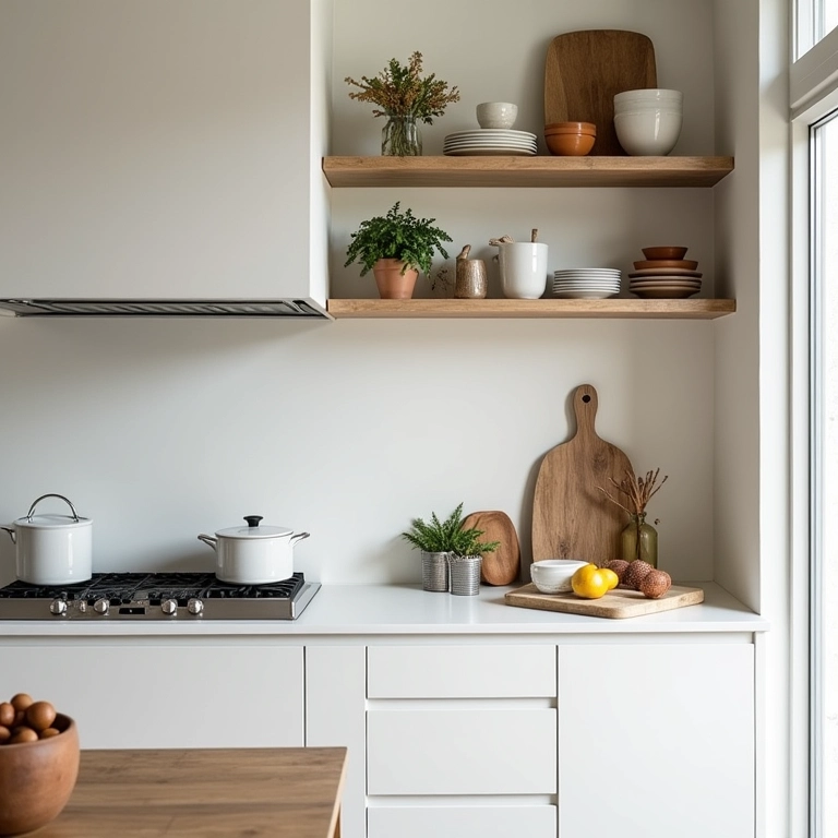 Nichos e prateleiras decorativas na cozinha.