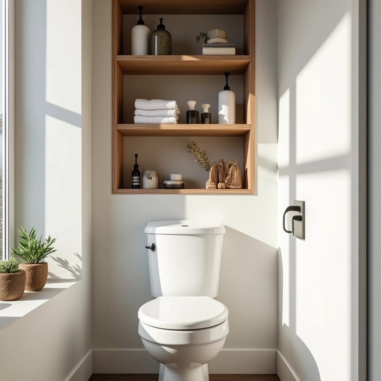 Nichos e prateleiras organizando um lavabo pequeno.