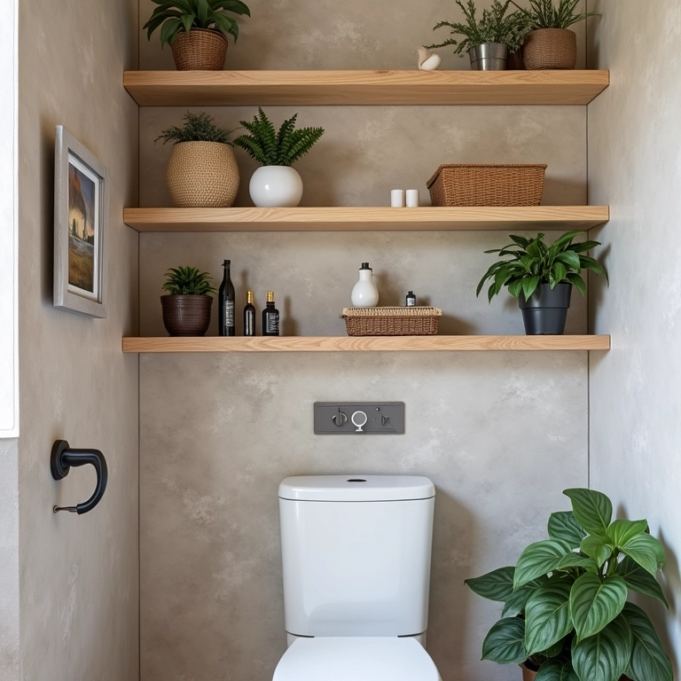 Nichos e prateleiras otimizando o espaço vertical em um lavabo pequeno.