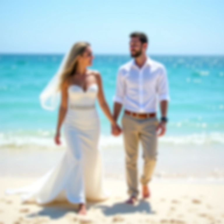 Noivos sorrindo e de mãos dadas em praia ensolarada no Brasil.