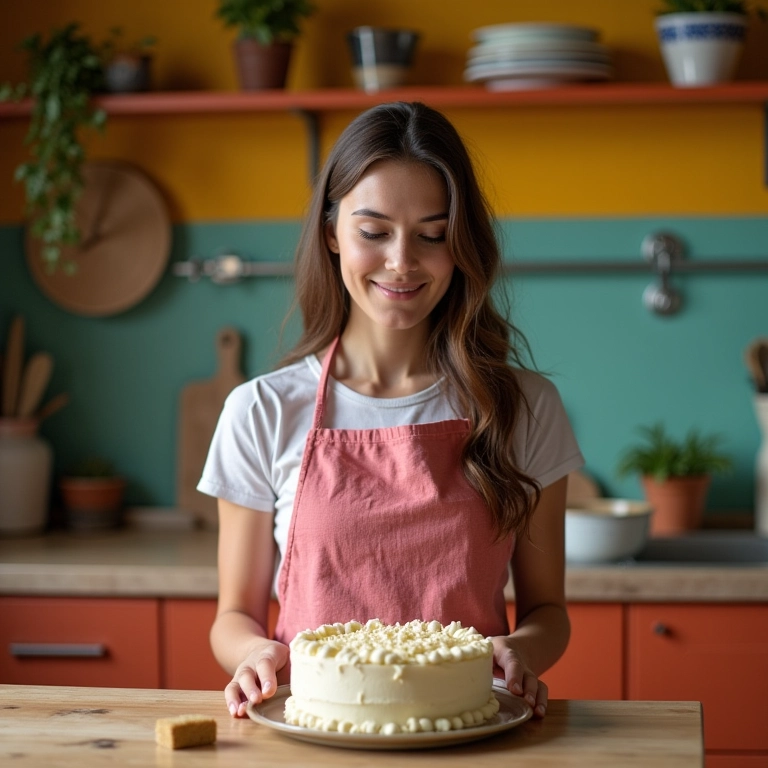 Nora assando bolo para agradar a sogra.