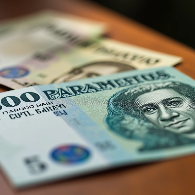 Notas de Guarani paraguaio em close-up.