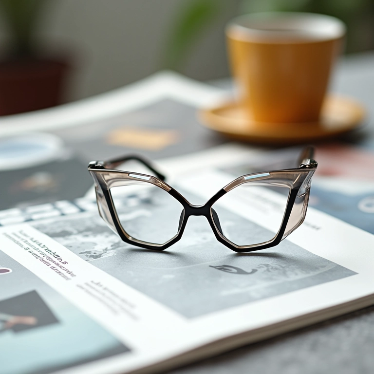 Óculos de grau com armação geométrica sobre mesa com revistas de design.
