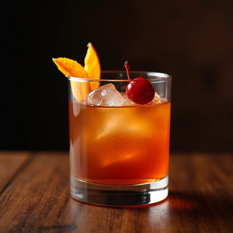 Old Fashioned clássico com whisky, laranja e cereja.