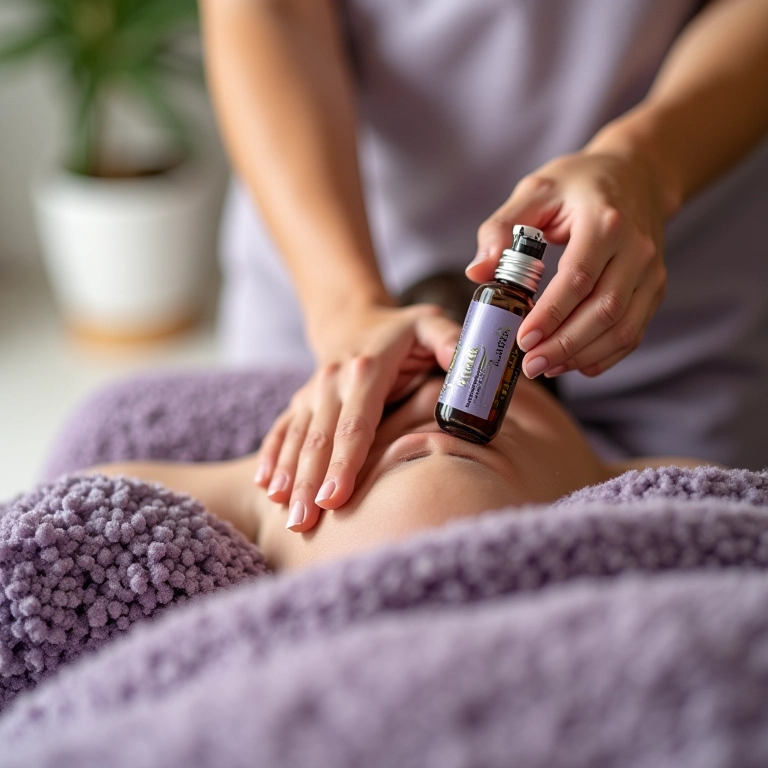 Óleo de lavanda sendo usado em tratamento relaxante de spa.