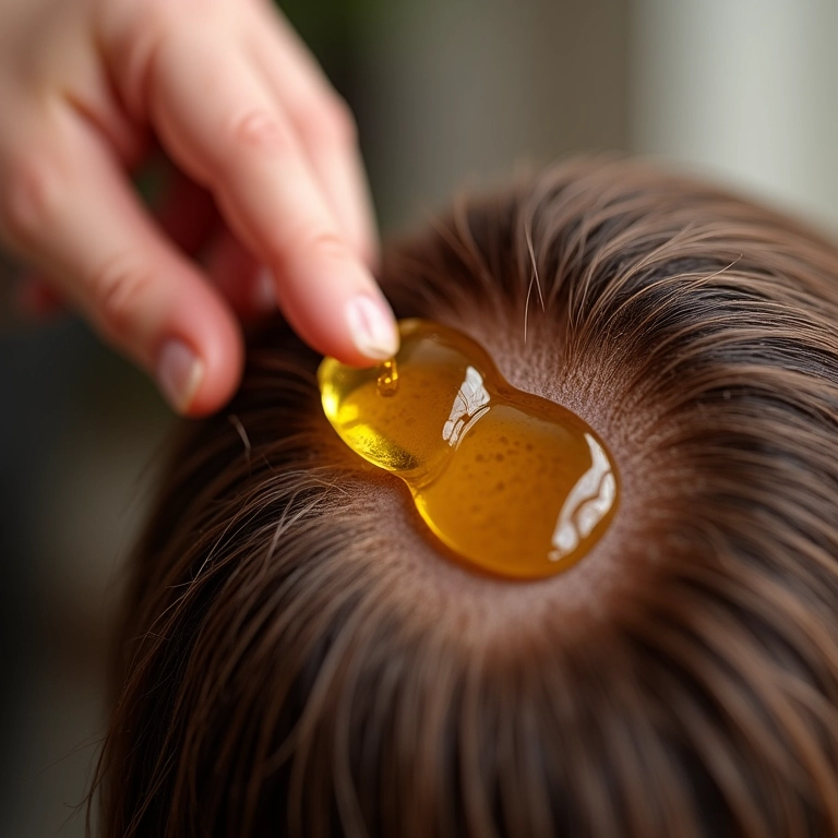 Óleo de rícino sendo massageado no couro cabeludo para estimular o crescimento.