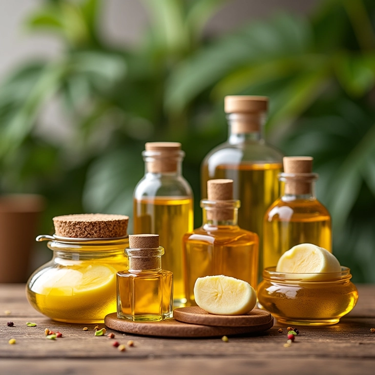 Óleos e manteigas vegetais para nutrição capilar em potes.