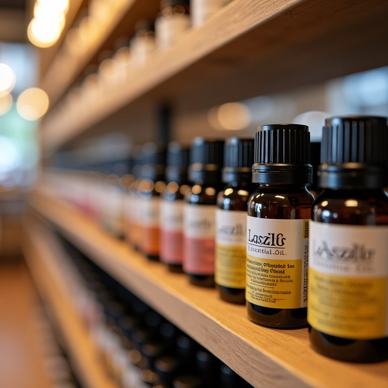 Óleos essenciais da marca Laszlo expostos em uma prateleira.