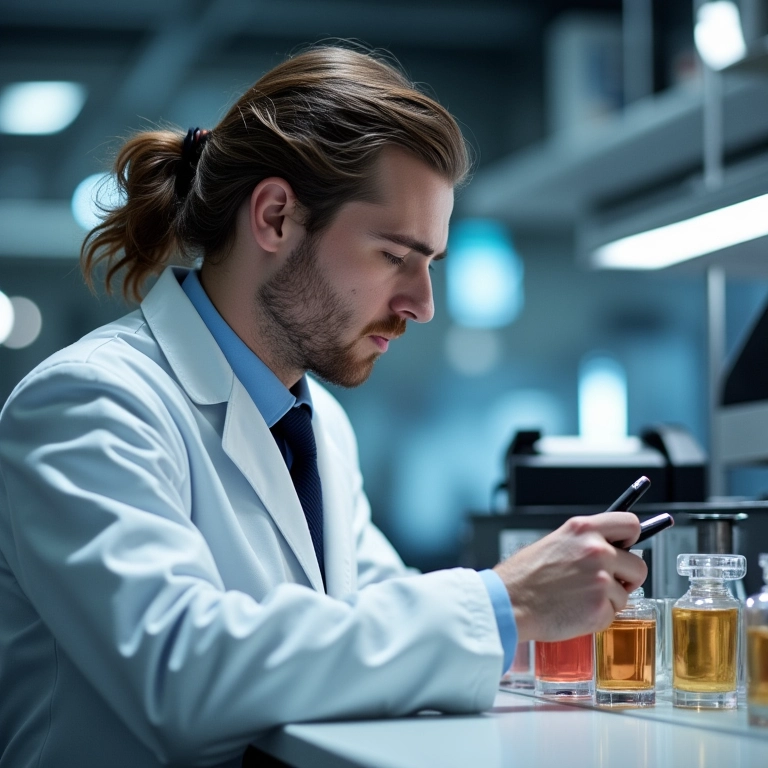 Olivier Polge analisando amostras de perfume no laboratório da Chanel.