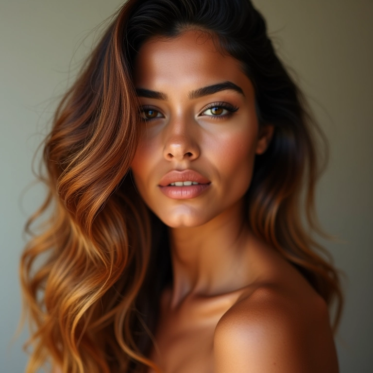 Ombré hair caramelo com tons quentes e ondas suaves.