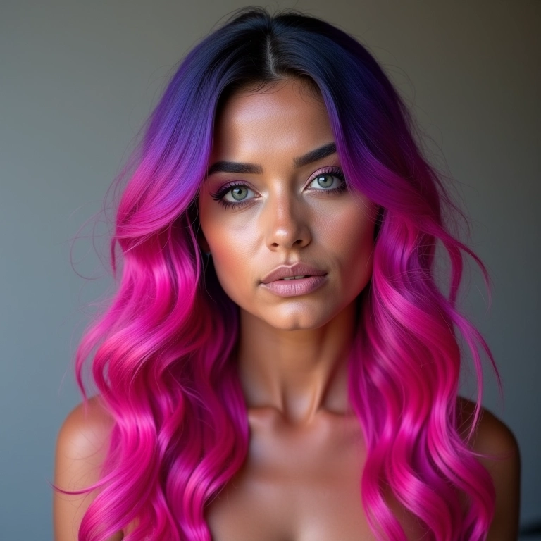 Ombré hair colorido com tons vibrantes de rosa e roxo.