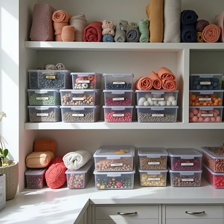 Organização de materiais de artesanato por tipo: tecidos, fios, miçangas e outros.