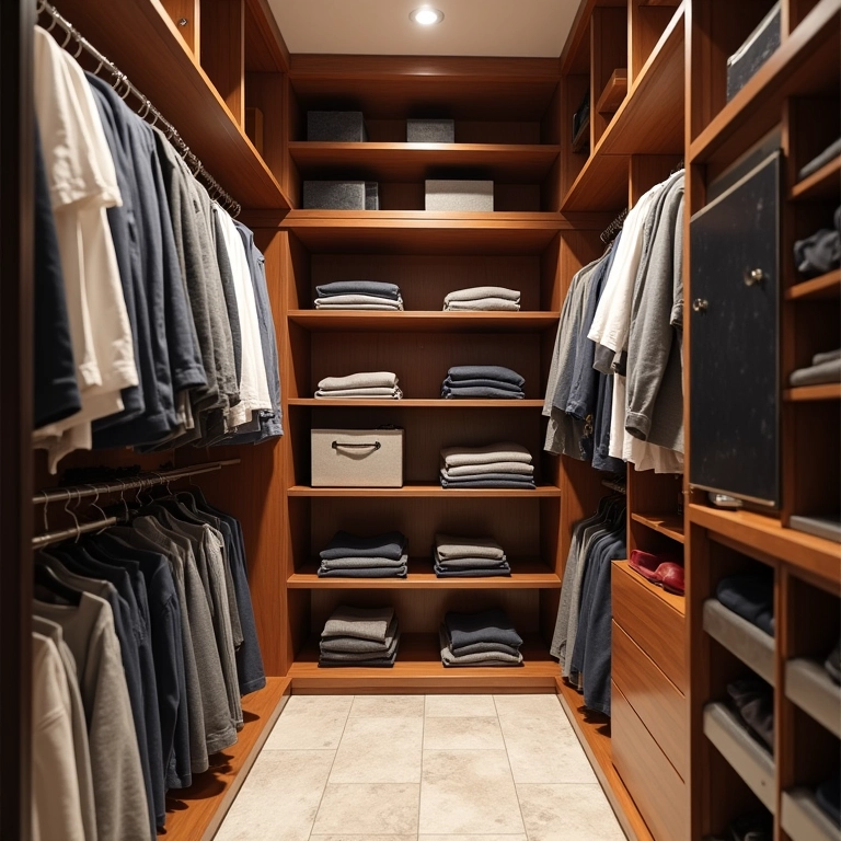 Organização vertical de guarda-roupa com prateleiras e caixas.