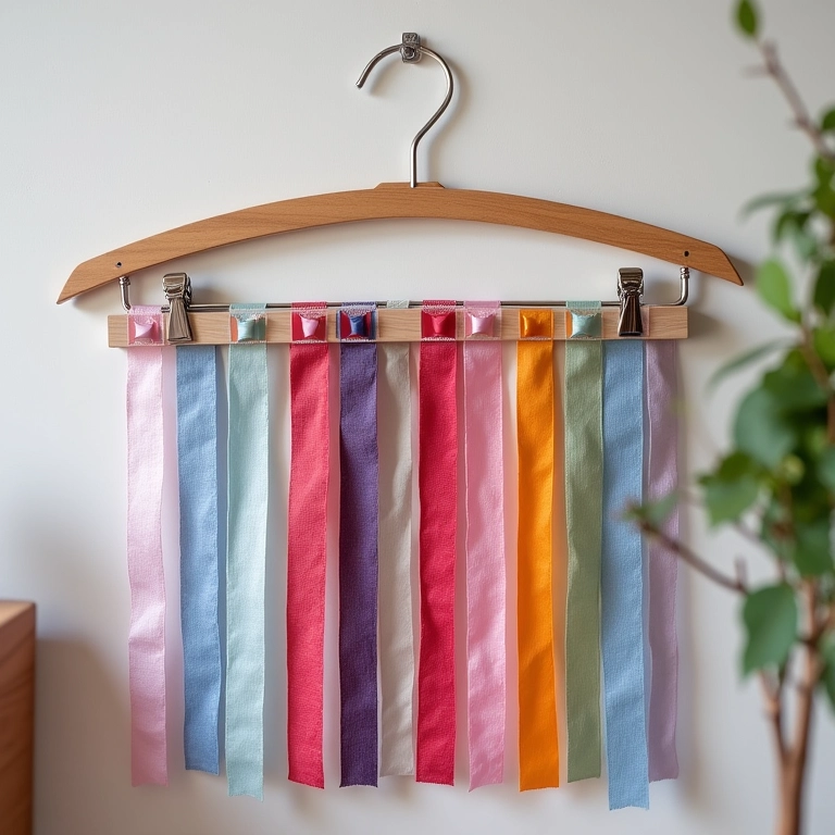 Organizador de fitas feito com cabide e pregadores.