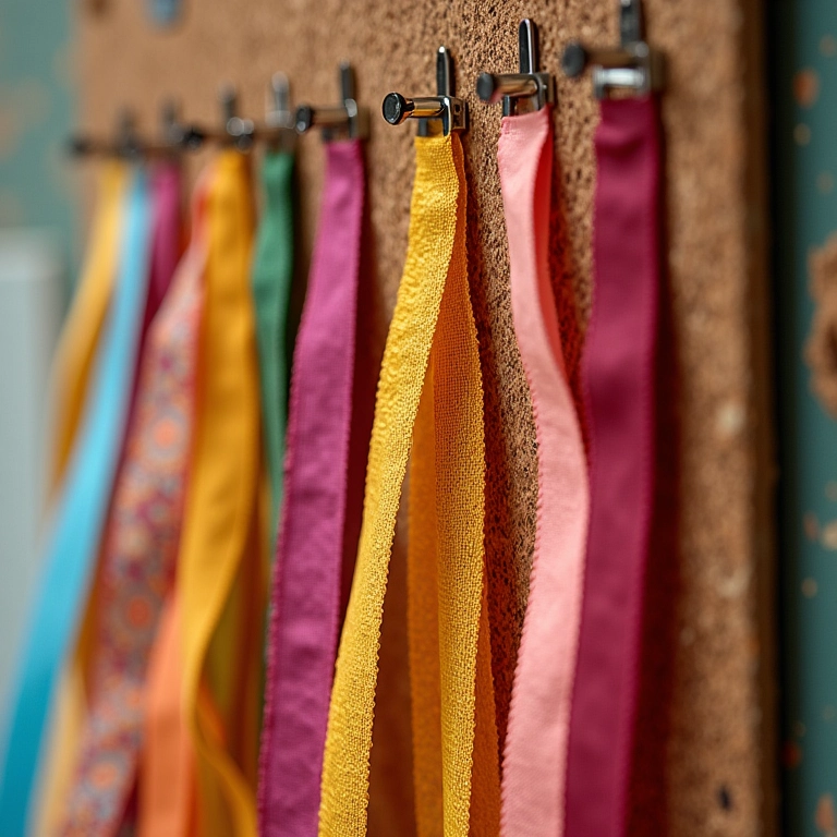 Organizador de fitas feito com painel de cortiça.