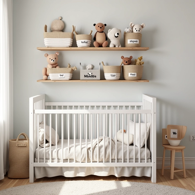 Organizadores criativos em um quarto de bebê: prateleiras e cestos.