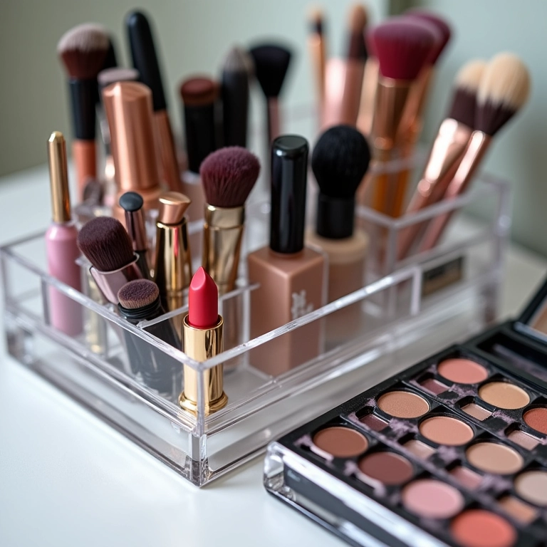Organizadores de acrílico transparentes com maquiagem bem organizada.