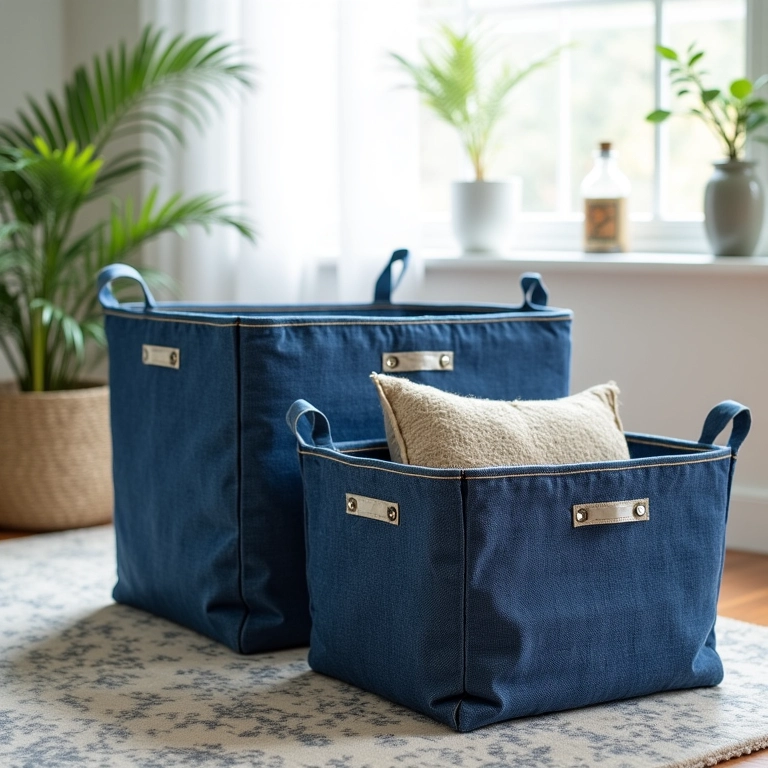 Organizadores e cestos feitos de jeans reciclado para organização da casa.