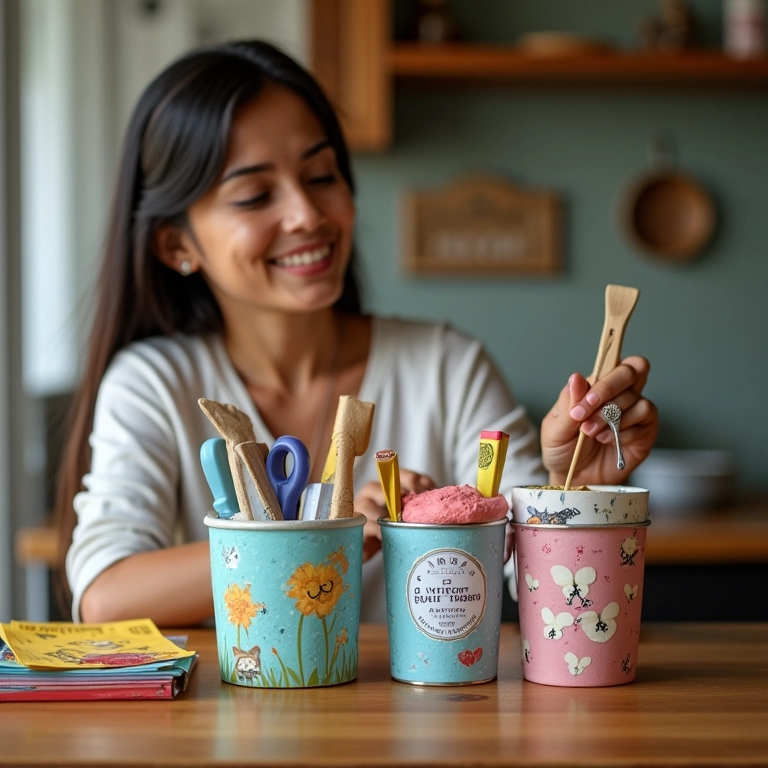 Organizadores práticos feitos de potes de sorvete decorados em mesa de trabalho com materiais de artesanato.