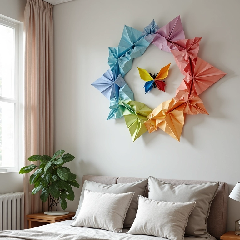 Origami decorando diversos ambientes: escritório moderno, quarto aconchegante e sala de estar vibrante.