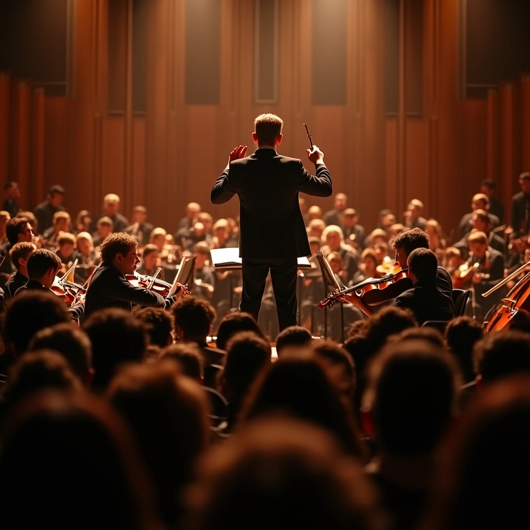 Orquestra sinfônica tocando Tchaikovsky em uma sala de concertos.