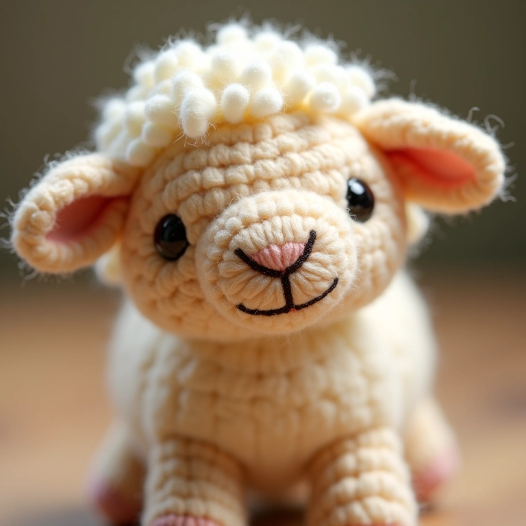 Ovelha de amigurumi feita com lã, exibindo a textura quente e aconchegante.