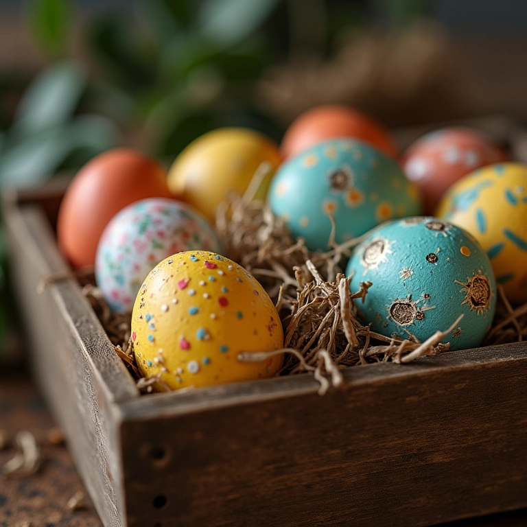 Ovos de Páscoa decorados em caixa de madeira rústica.