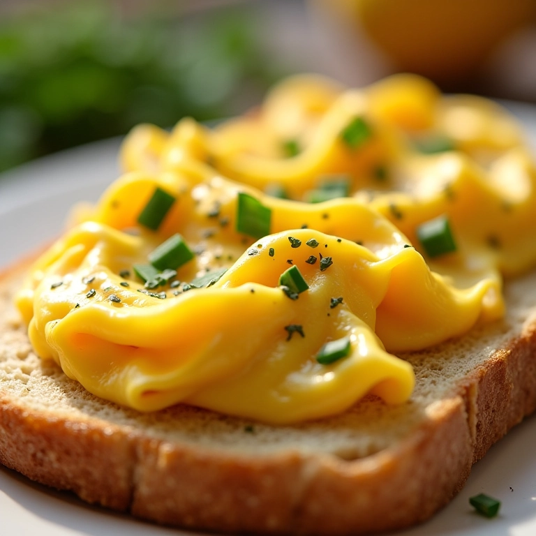 Ovos mexidos cremosos sobre torrada com cebolinha.