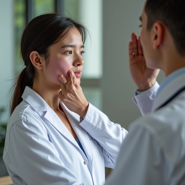 Paciente consulta dermatologista sobre dermatite seborreica facial, foco na inflamação.