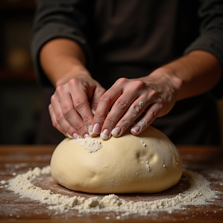 Padeiro moldando a massa de pão à mão.