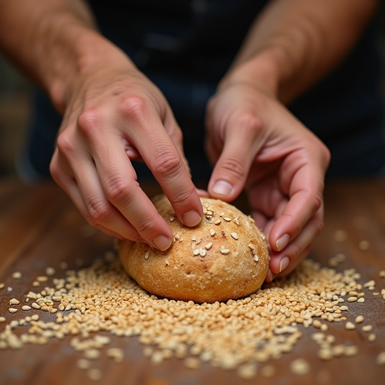 Padeiro selecionando grãos de trigo orgânicos.