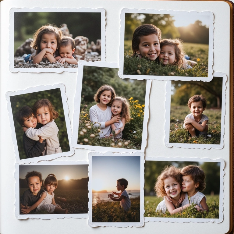 Página de álbum com fotos de tamanhos e formatos variados.