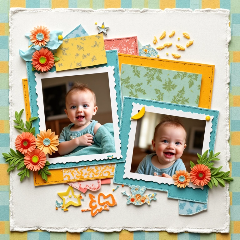 Página de scrapbook com tema definido e decoração colorida.