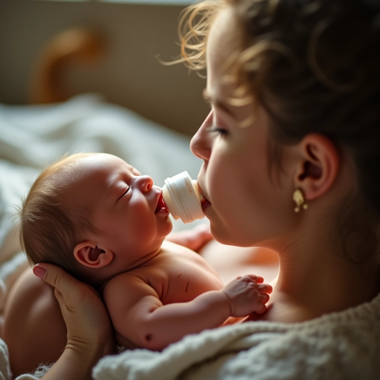 Pai alimentando bebê com mamadeira antes de dormir.