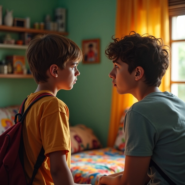 Pai frustrado conversando com adolescente em casa colorida, representando problemas de comportamento.