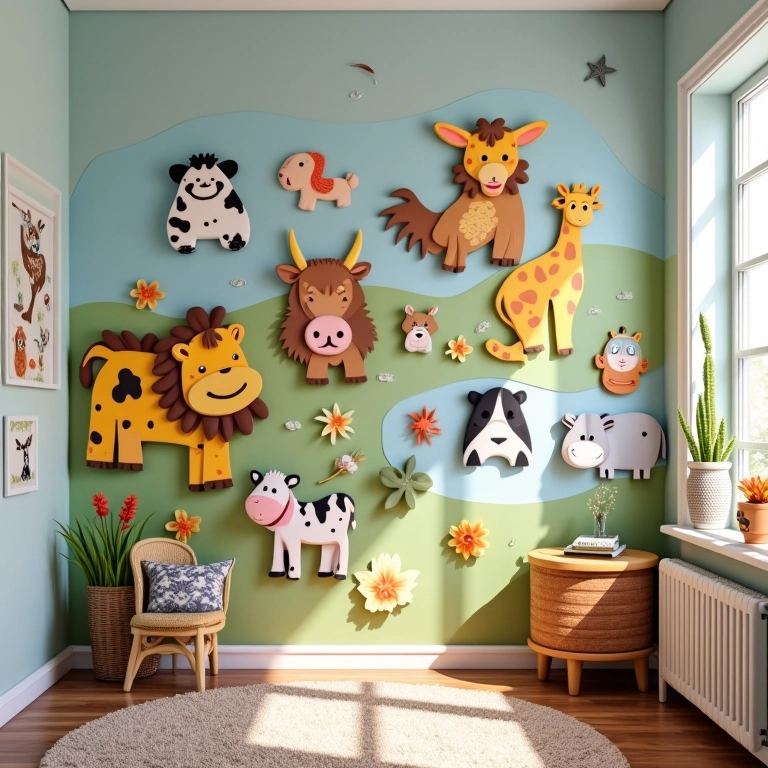 Painéis de patchwork embutido no isopor com temas de animais decorando um quarto infantil colorido.