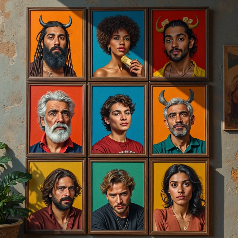 Painel com retratos de taurinos famosos brasileiros.