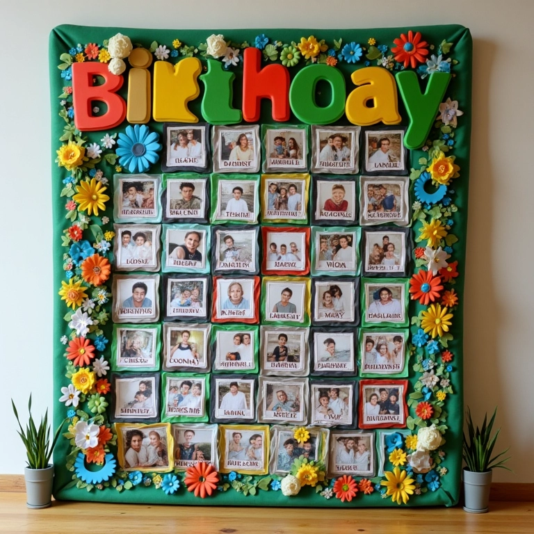 Painel de aniversariantes do mês feito em EVA, com fotos e design alegre.