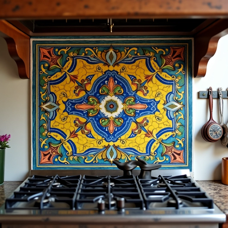 Painel de azulejos coloridos protegendo a parede atrás do fogão.