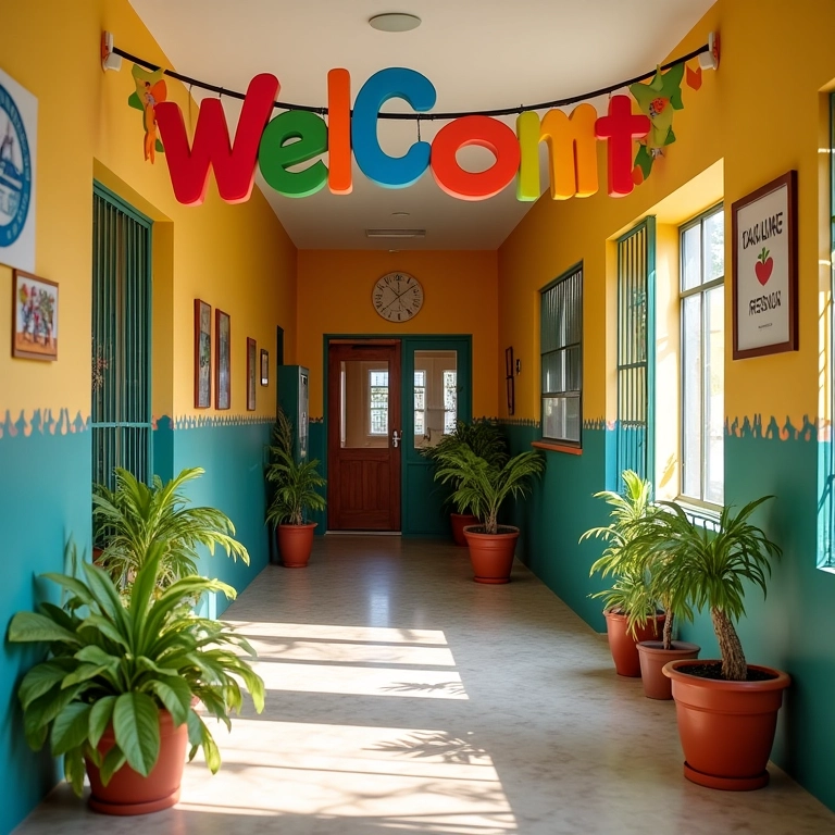 Painel de boas-vindas acolhedor em EVA, com cores vibrantes e design convidativo.