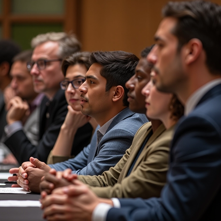 Painel de discussão com pessoas diversas, mostrando respeito às diferenças.